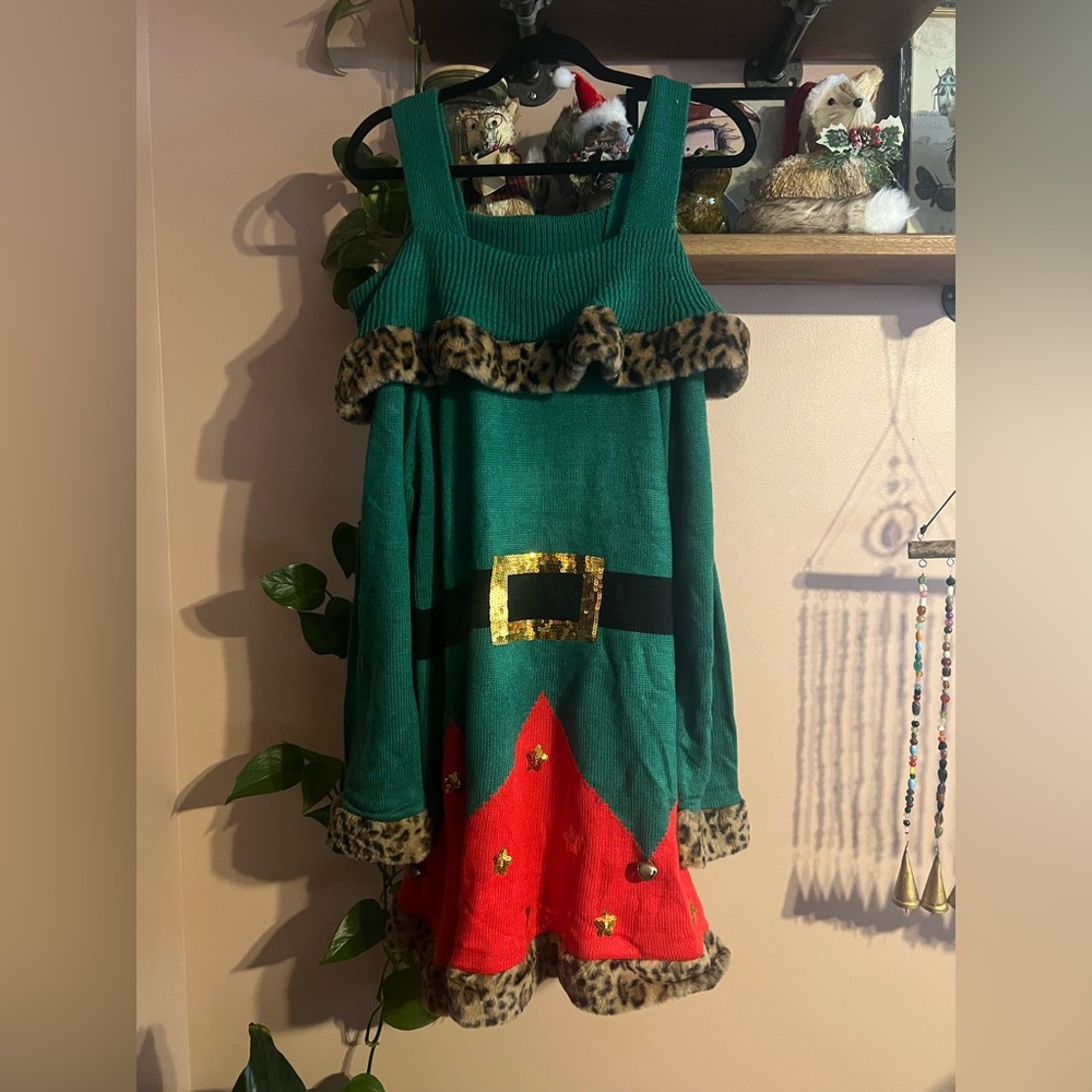 Holiday Time Green and Red Christmas Dress with Leopard Trim